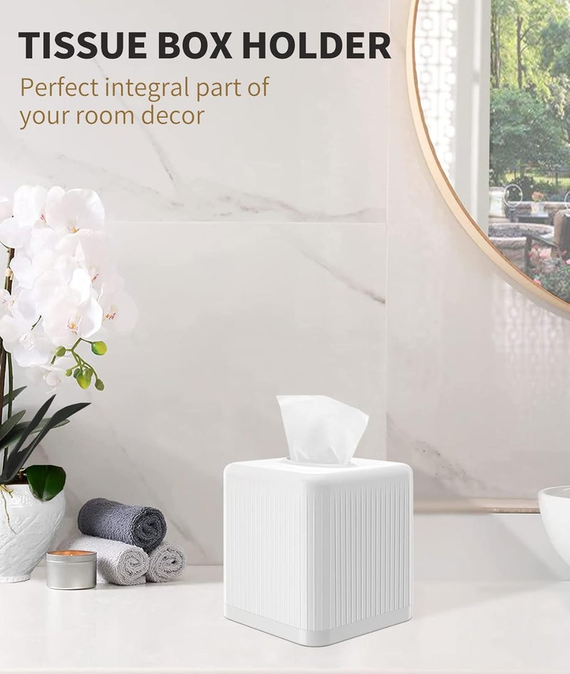 Livelab Tissue Box Cover with Base, Square Plastic Tissue Box Holder Decorative Tissue Cover Modern Cube Facial Tissue Dispenser for Bathroom Vanity Countertop, Living Room, Bedroom, Office - White - Image 5